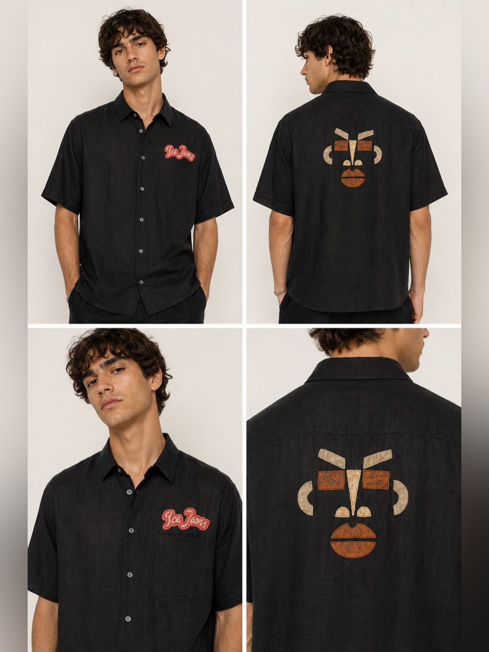 Ice Jeans Iceberg Black Linen Button Front Shirt Graphic Face Art Made in Italy